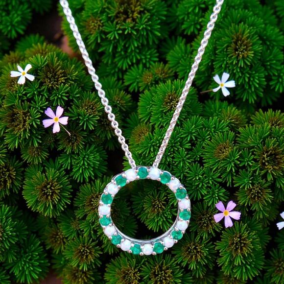 Created Opal And Emerald Circle Pendant Necklace 18 inches Sterling Silver - Picture 6 of 7